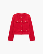 Women's Cropped Collarless Jacket With Four Pockets - Red