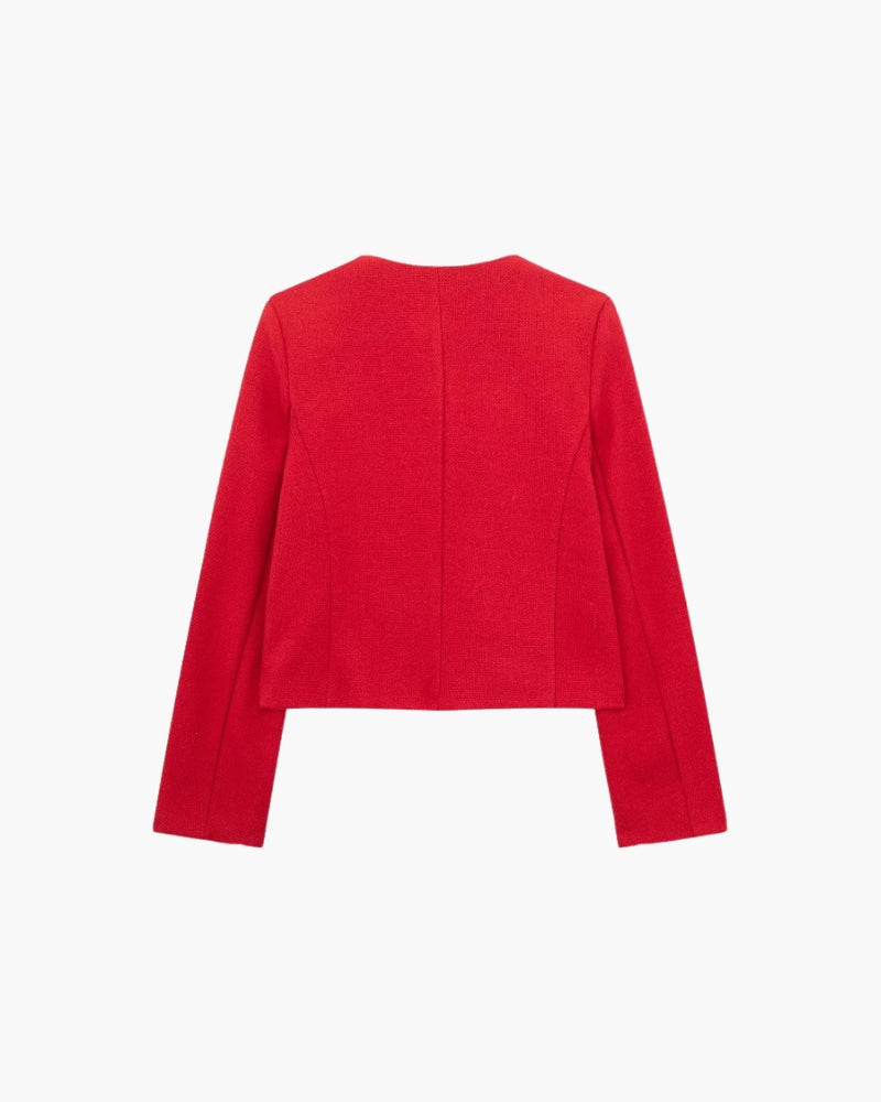 Women's Cropped Collarless Jacket With Four Pockets - Red