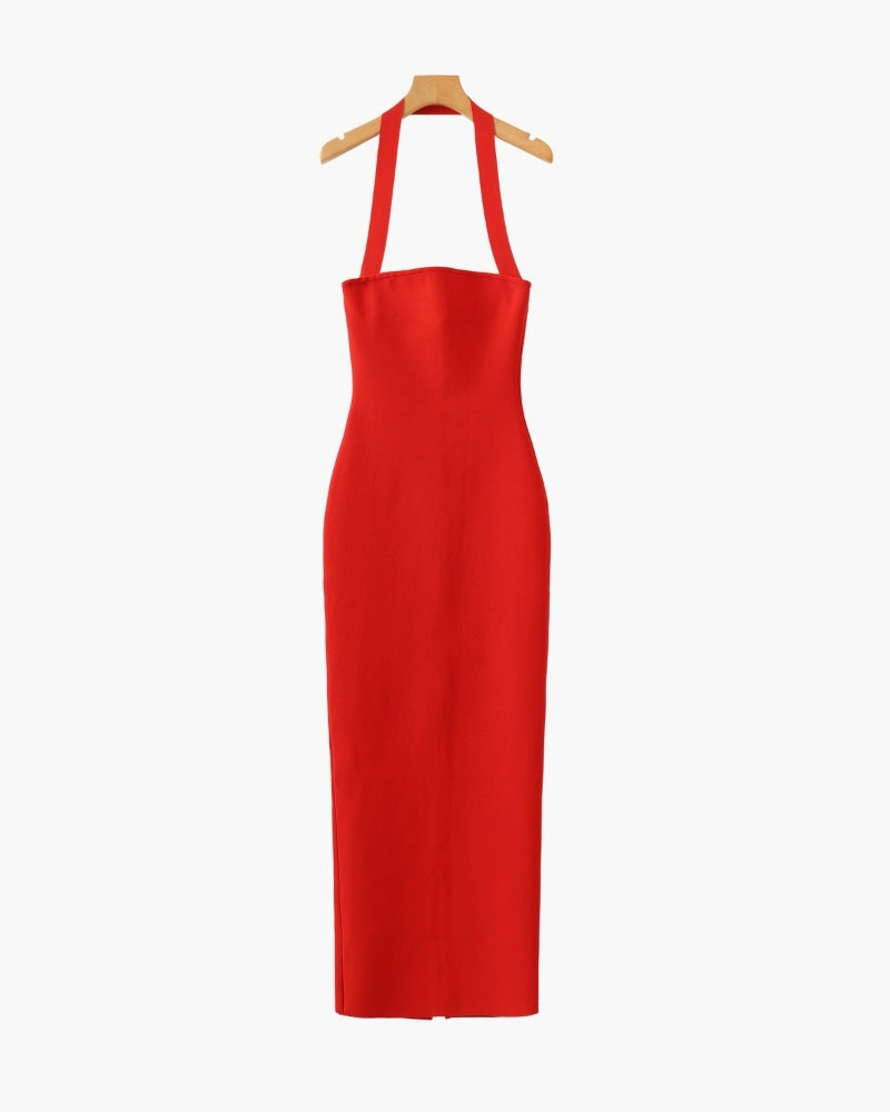 Women's Halter-Neck Long Dress With Straight Hem - Red