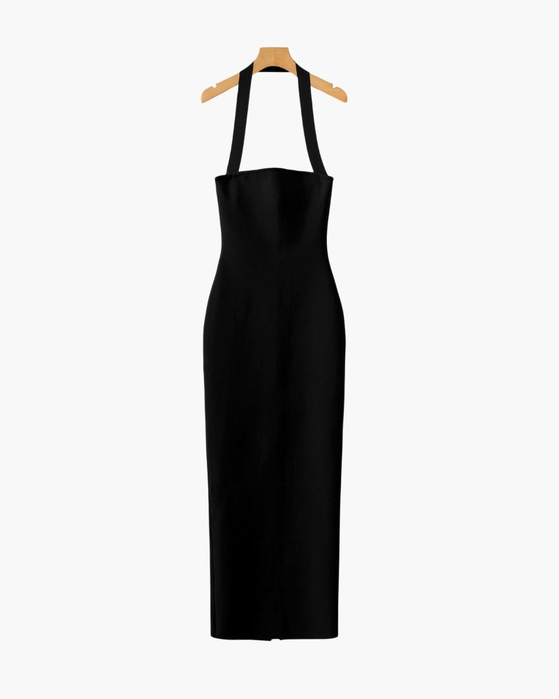 Women's Halter-Neck Long Dress With Straight Hem - Black