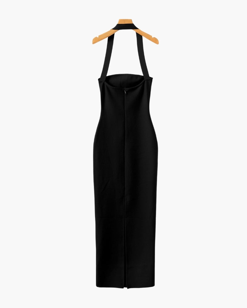 Women's Halter-Neck Long Dress With Straight Hem - Black
