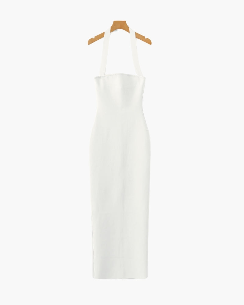 Women's Halter-Neck Long Dress With Straight Hem - White