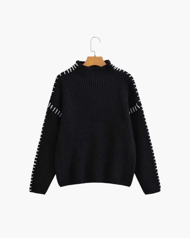 Women's High-Neck Jumper With Contrast Sleeve Stitching - Black