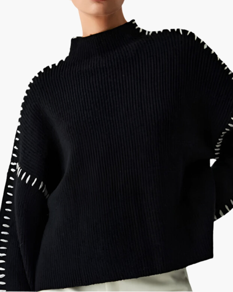 Women's High-Neck Jumper With Contrast Sleeve Stitching - Black