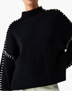 Women's High-Neck Jumper With Contrast Sleeve Stitching - Black