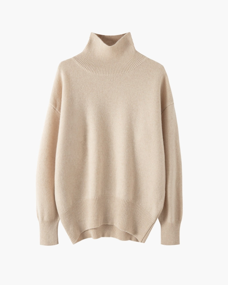 Women's High-Neck Jumper With Ribbed Cuffs And Hem - Beige