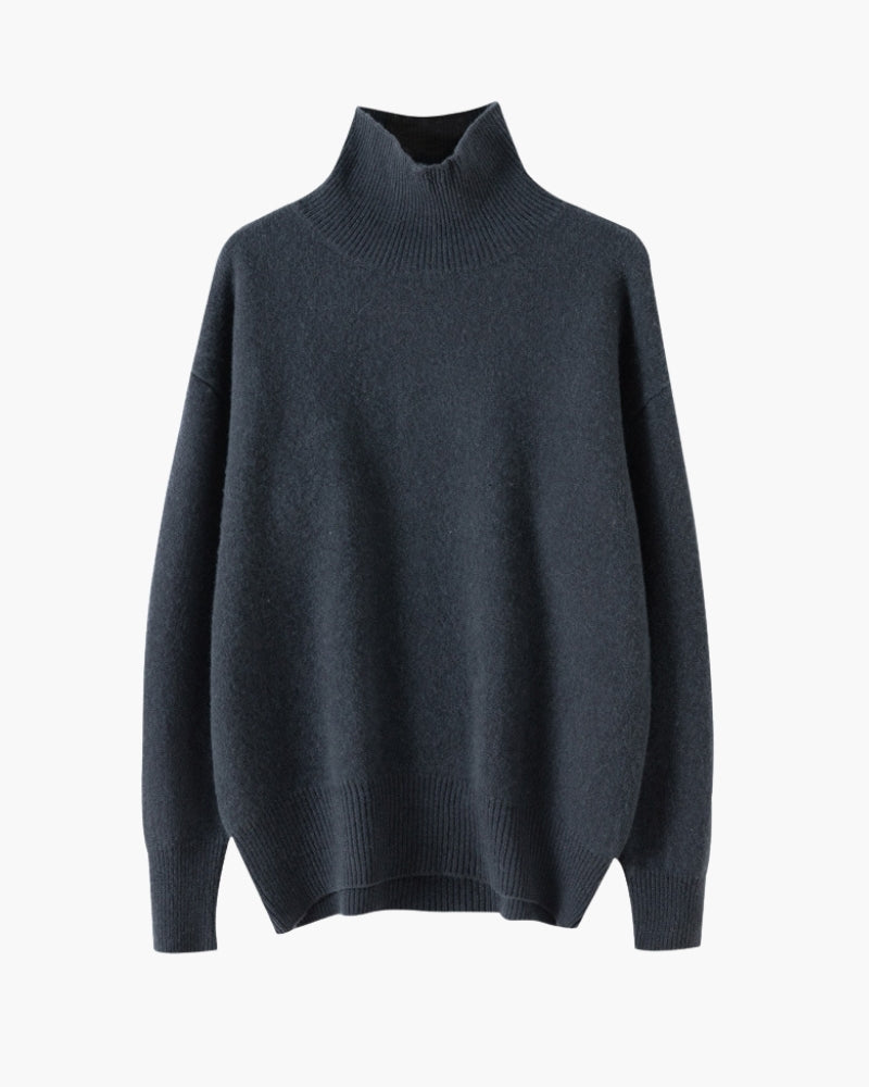 Women's High-Neck Jumper With Ribbed Cuffs And Hem - Navy