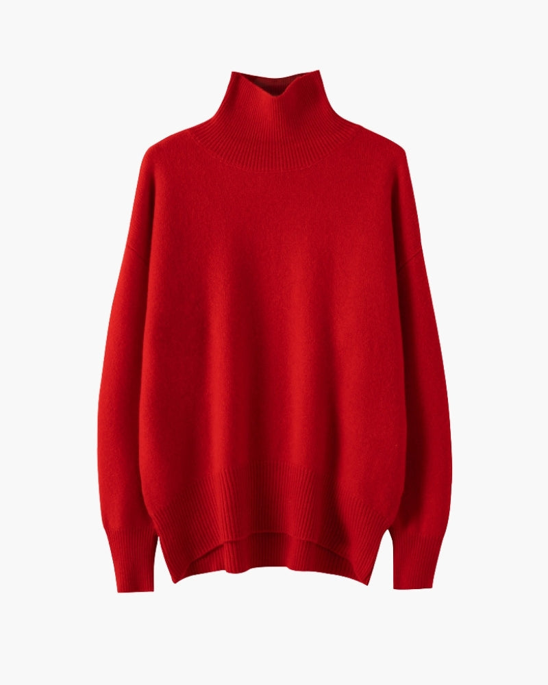 Women's High-Neck Jumper With Ribbed Cuffs And Hem - Red