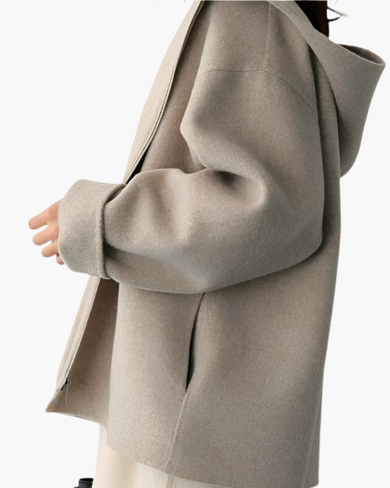 Women's Hooded Zip Jacket With Straight Open Cuffs - Beige