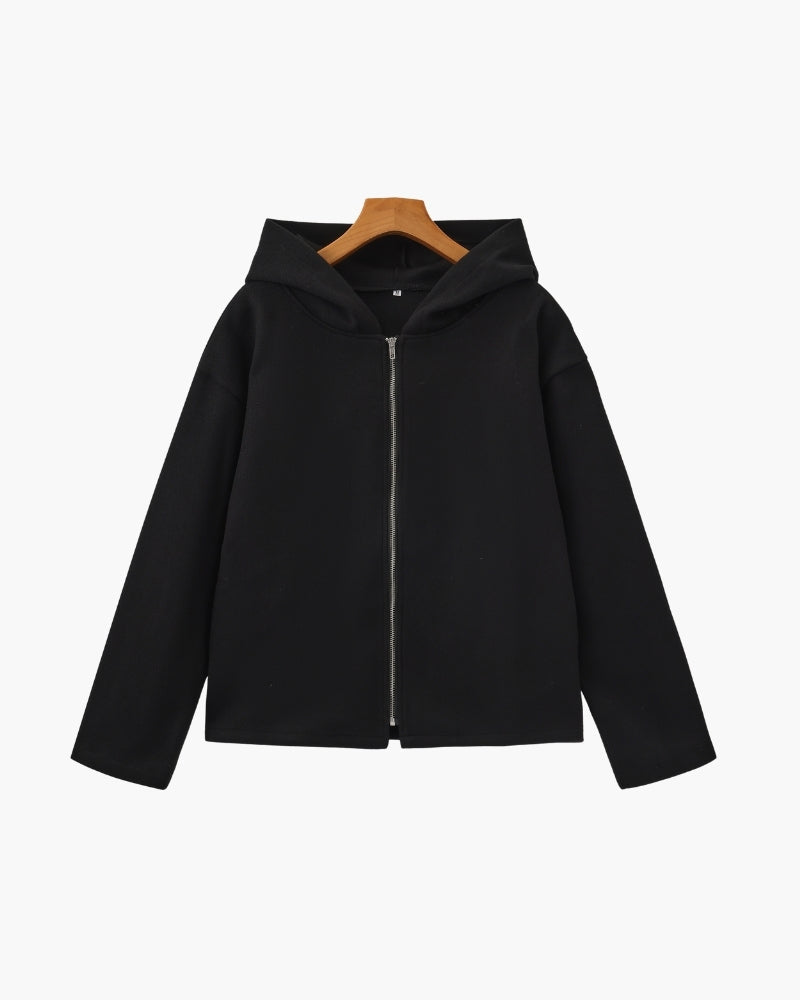 Women's Hooded Zip Jacket With Straight Open Cuffs - Black