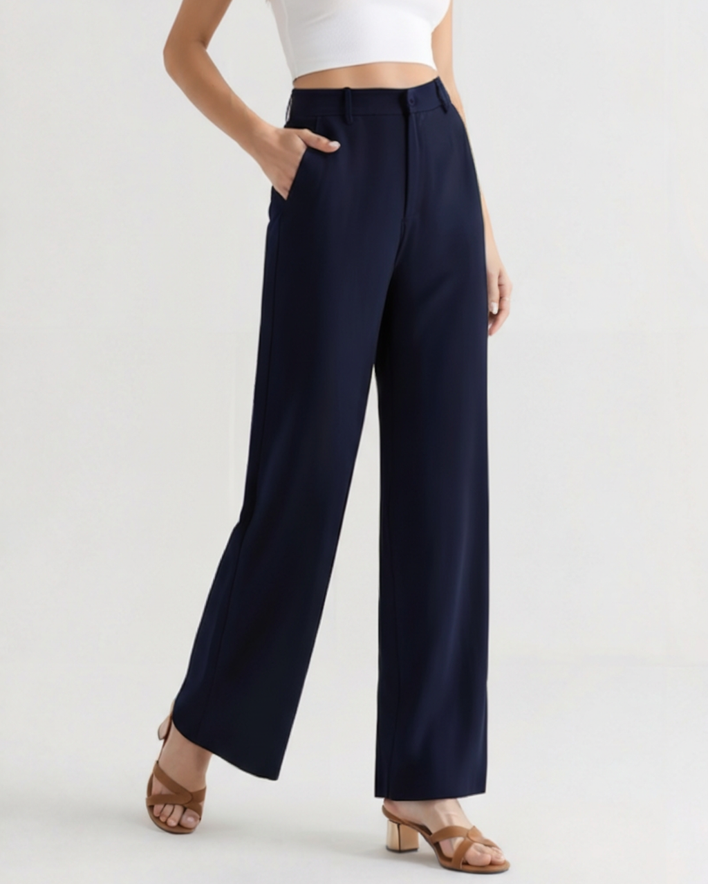Women's Pleated Wide-Leg Trousers With Belt Loops - Navy