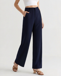 Women's Pleated Wide-Leg Trousers With Belt Loops - Navy