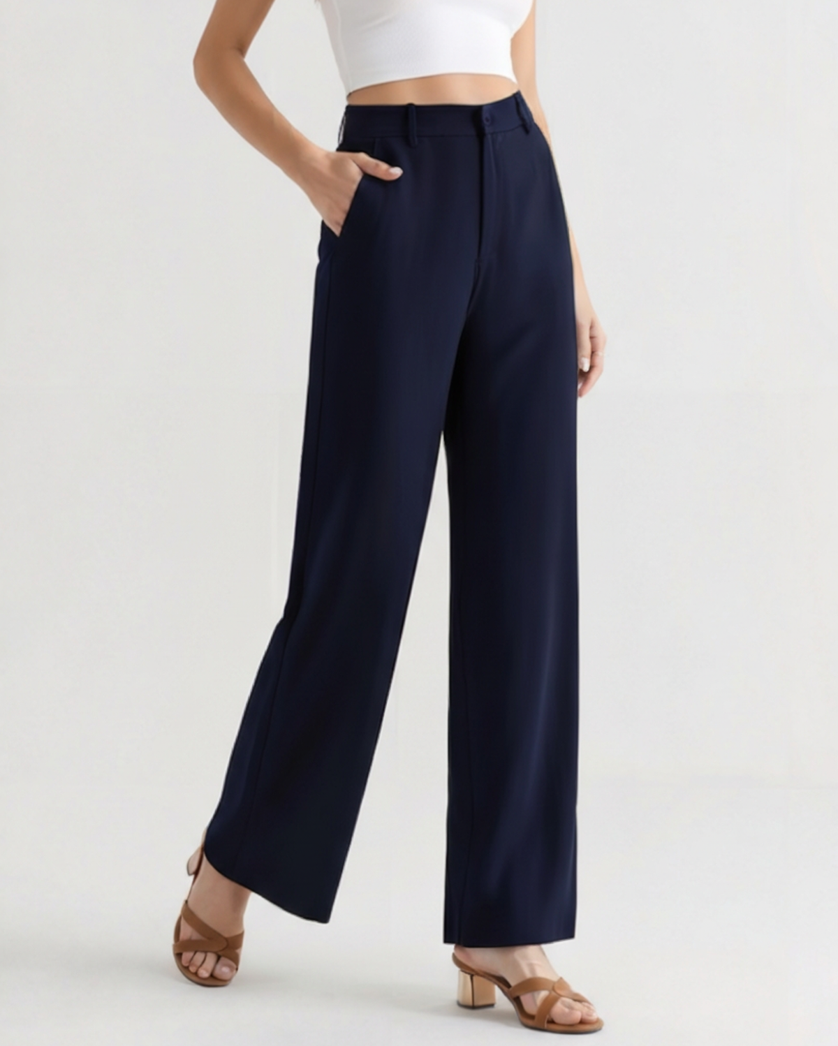 Women's Pleated Wide-Leg Trousers With Belt Loops - Navy