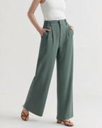 Women's Pleated Wide-Leg Trousers With Belt Loops - Green