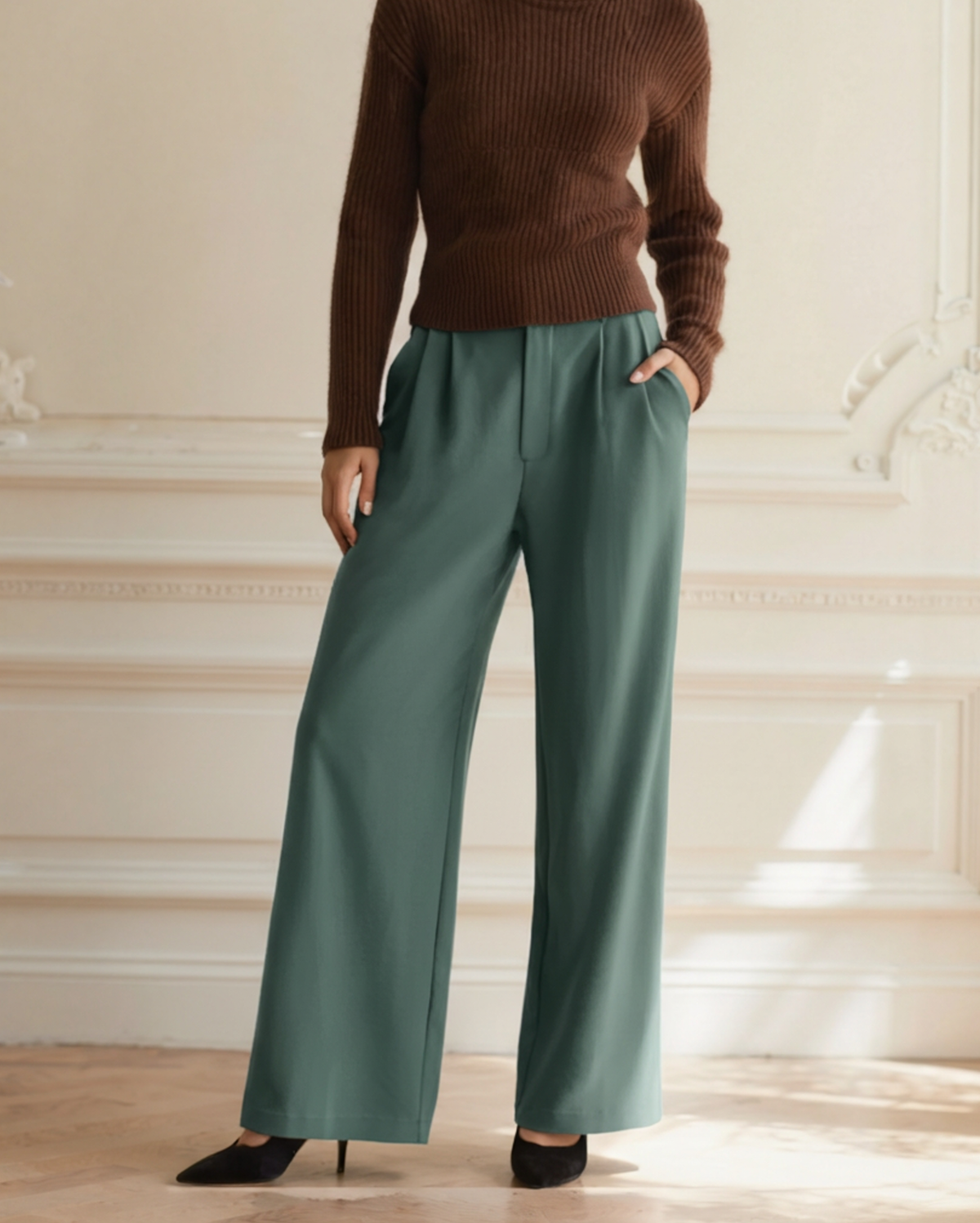 Women's Pleated Wide-Leg Trousers With Belt Loops - Green