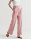 Women's Pleated Wide-Leg Trousers With Belt Loops - Pink