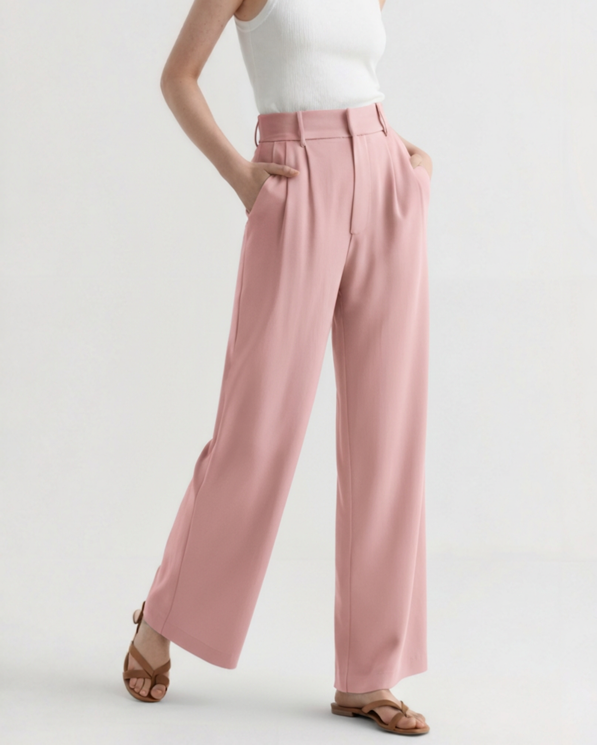 Women's Pleated Wide-Leg Trousers With Belt Loops - Pink