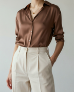 Women's Pointed-Collar Shirt With Curved Hem And Cuffs - Sandy Brown