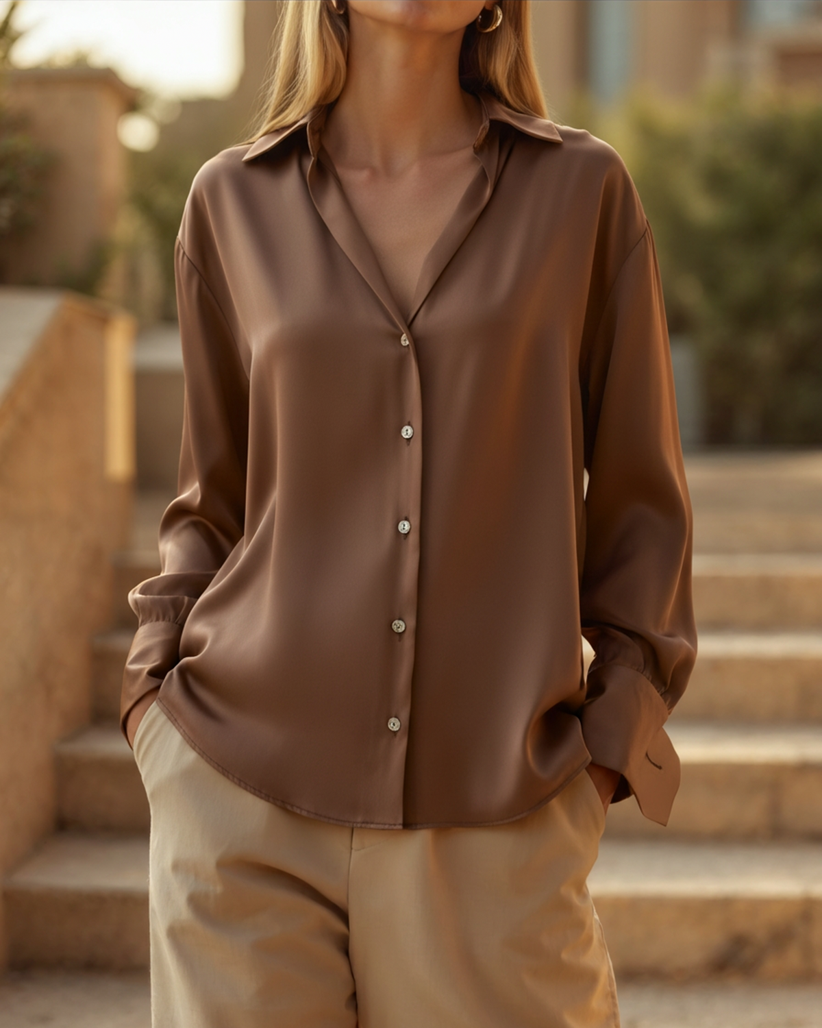 Women's Pointed-Collar Shirt With Curved Hem And Cuffs - Sandy Brown