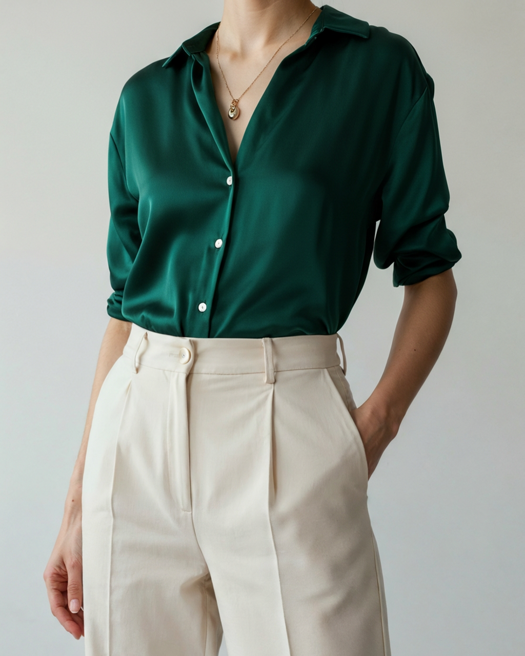Women's Pointed-Collar Shirt With Curved Hem And Cuffs - Emerald Green