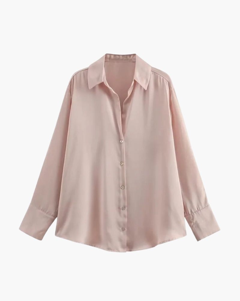 Women's Pointed-Collar Shirt With Curved Hem And Cuffs - Spring Pink
