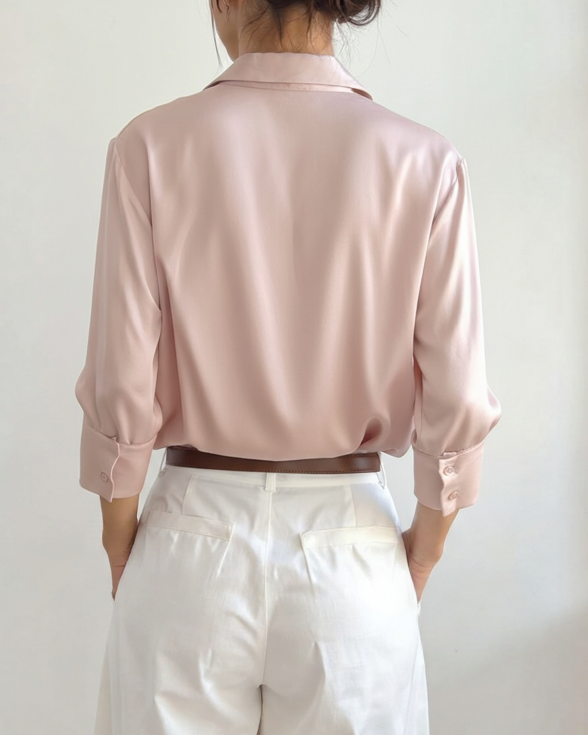 Women's Pointed-Collar Shirt With Curved Hem And Cuffs - Spring Pink