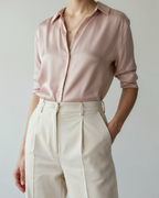 Women's Pointed-Collar Shirt With Curved Hem And Cuffs - Spring Pink