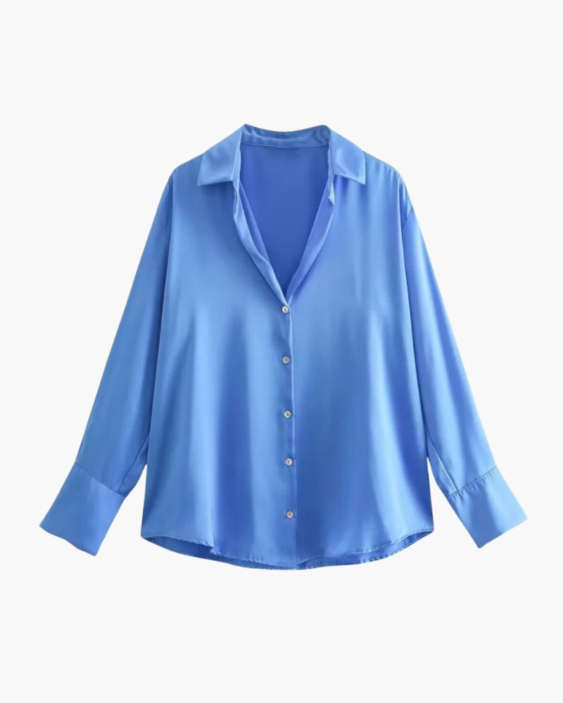 Women's Pointed-Collar Shirt With Curved Hem And Cuffs - Light Blue