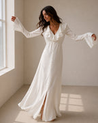 Women's Ruffle-Neck Long Dress With Button Front - Ivory