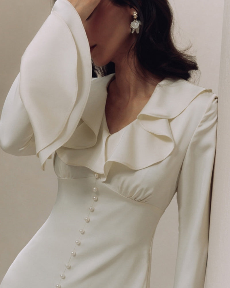 Women's Ruffle-Neck Long Dress With Button Front - Ivory
