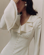 Women's Ruffle-Neck Long Dress With Button Front - Ivory