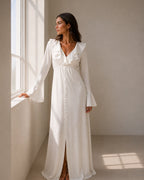 Women's Ruffle-Neck Long Dress With Button Front - Ivory