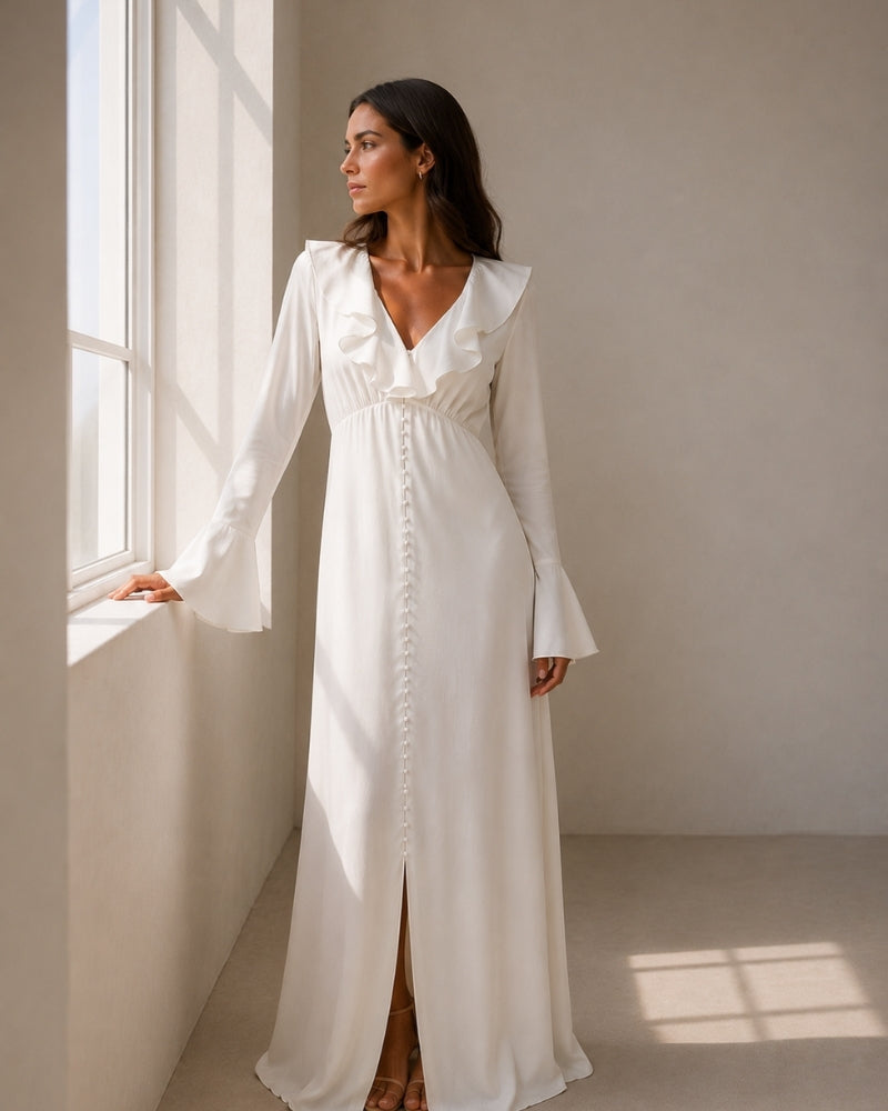 Women's Ruffle-Neck Long Dress With Button Front - Ivory