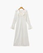Women's Ruffle-Neck Long Dress With Button Front - Ivory