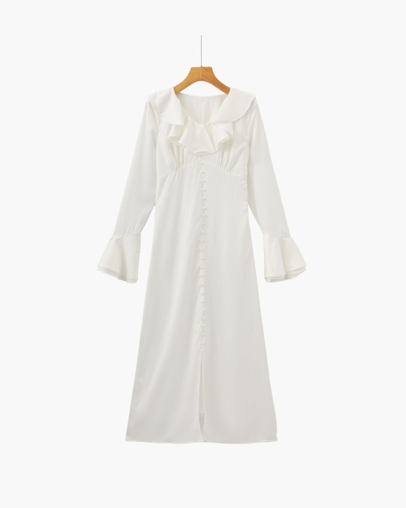 Women's Ruffle-Neck Long Dress With Button Front - Ivory