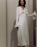 Women's Ruffle-Neck Long Dress With Button Front - Ivory