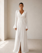 Women's Ruffle-Neck Long Dress With Button Front - Ivory