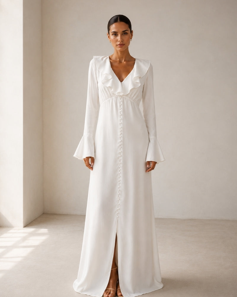 Women's Ruffle-Neck Long Dress With Button Front - Ivory