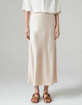 Women's Satin Bias-Cut Midi Skirt With Elasticated Waist - Beige