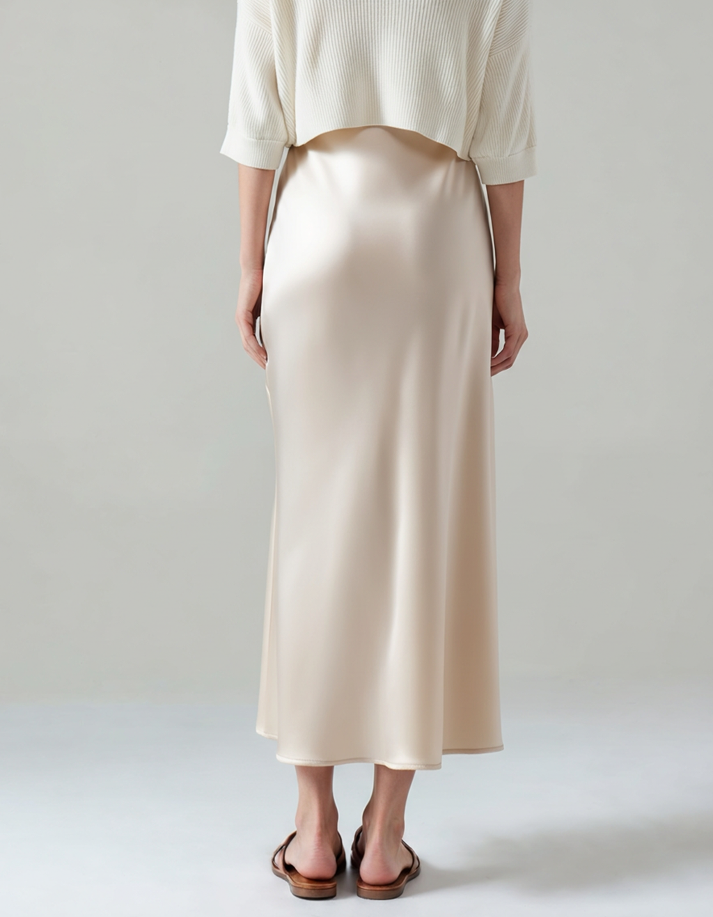 Women's Satin Bias-Cut Midi Skirt With Elasticated Waist - Beige