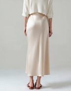 Women's Satin Bias-Cut Midi Skirt With Elasticated Waist - Beige