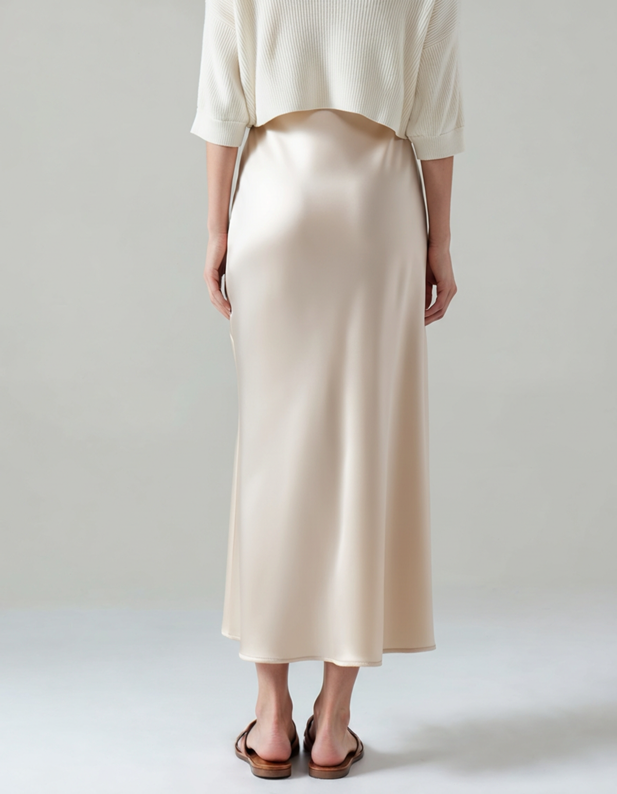 Women's Satin Bias-Cut Midi Skirt With Elasticated Waist - Beige