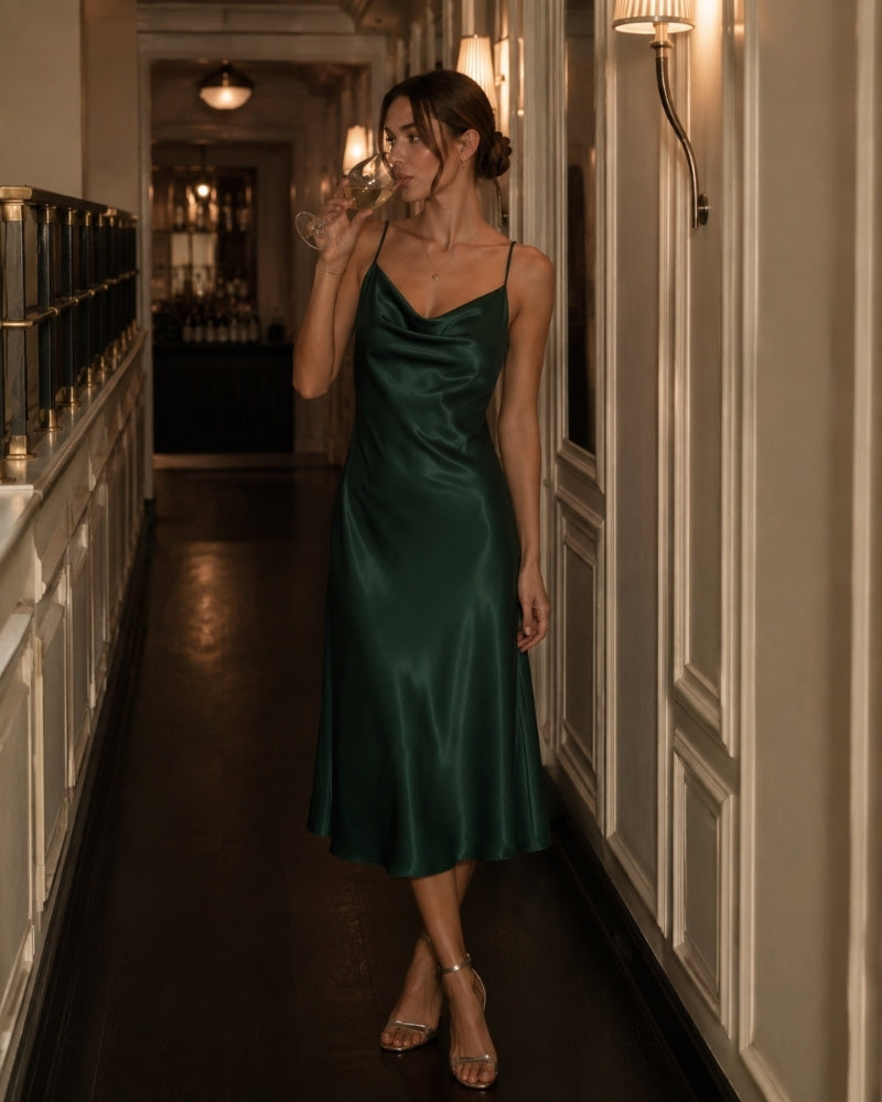 Women's Satin Slip Dress With Cowl Neck And Tie Back - Green