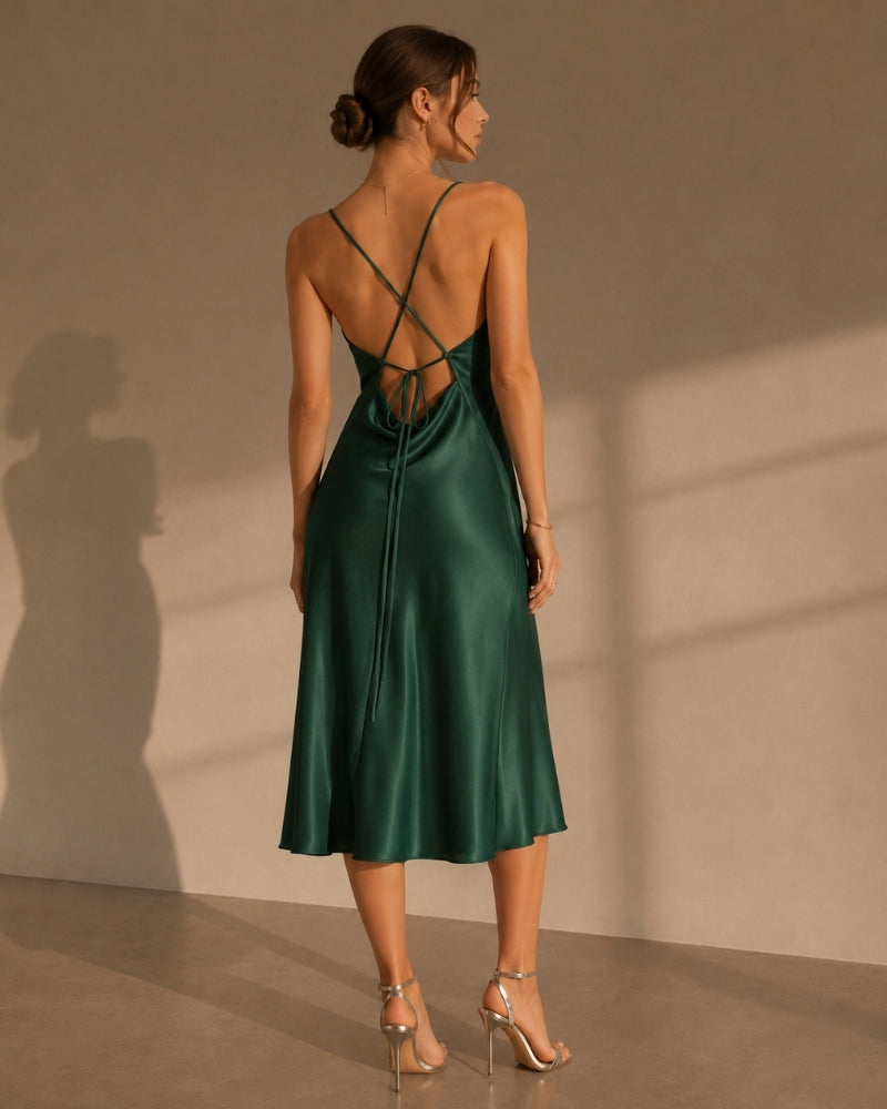 Women's Satin Slip Dress With Cowl Neck And Tie Back - Green