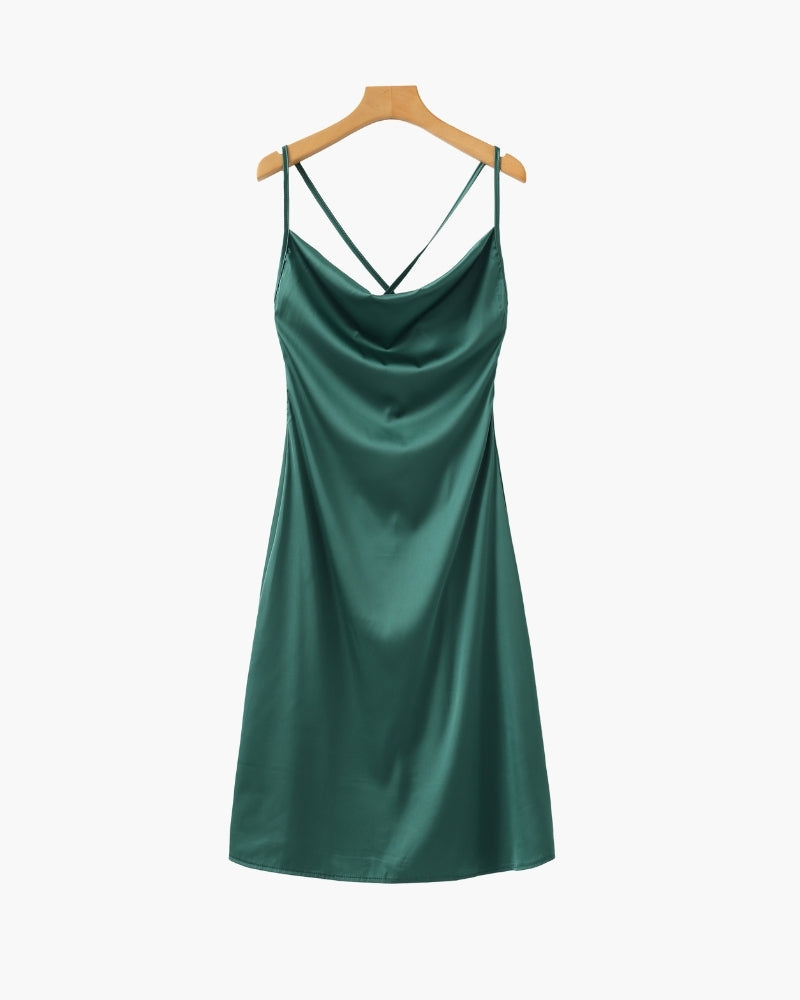 Women's Satin Slip Dress With Cowl Neck And Tie Back - Green