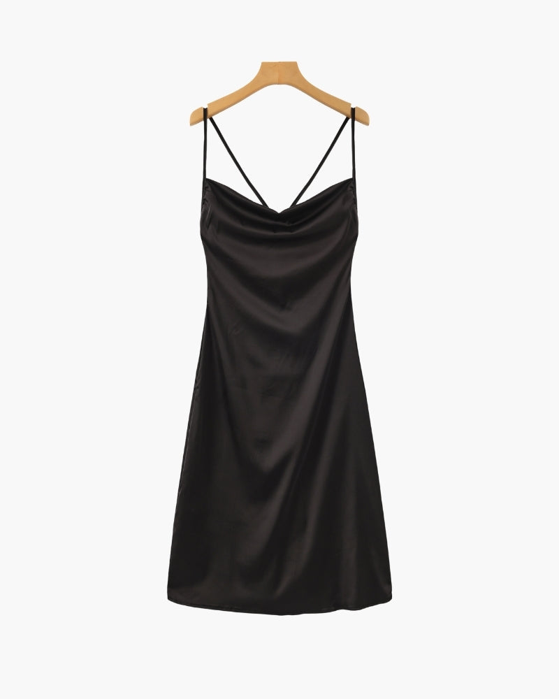Women's Satin Slip Dress With Cowl Neck And Tie Back - Black