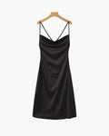 Women's Satin Slip Dress With Cowl Neck And Tie Back - Black