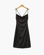 Women's Satin Slip Dress With Cowl Neck And Tie Back - Black