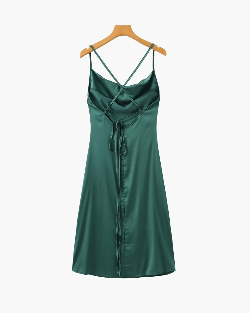 Women's Satin Slip Dress With Cowl Neck And Tie Back - Green