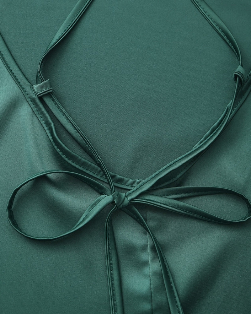 Women's Satin Slip Dress With Cowl Neck And Tie Back - Green